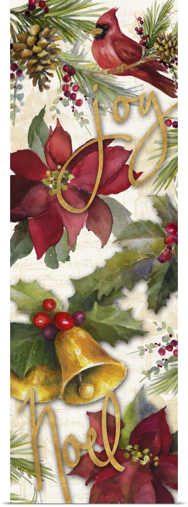 Seasonal artwork with a cardinal, poinsettias, and bells with gold text.