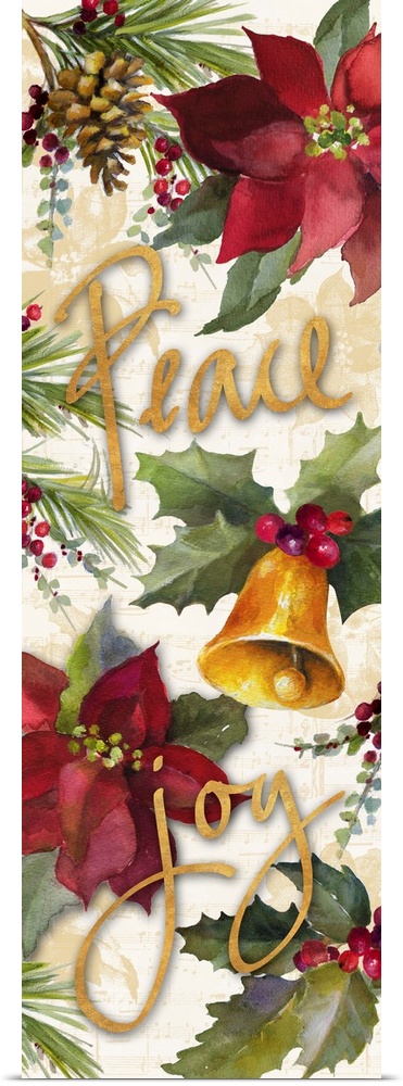 Seasonal artwork with pinecones, poinsettias, and bells with gold text.