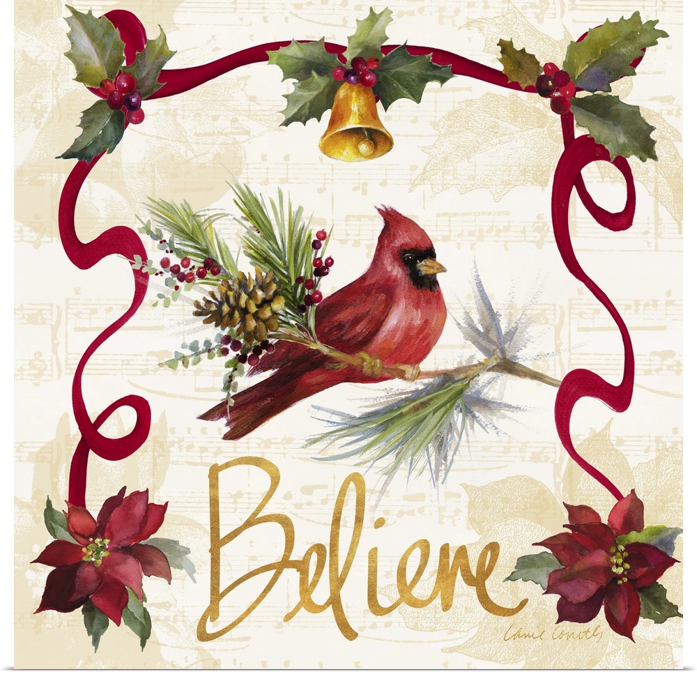 Seasonal artwork with a cardinal surrounded by poinsettias and ribbons.