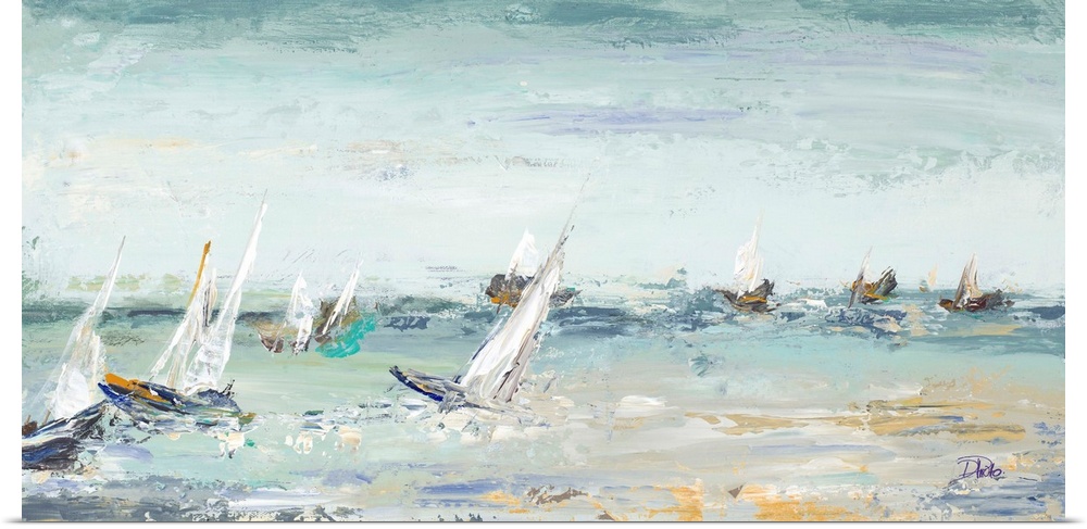 Contemporary painting of several sailboats in the middle of the ocean with some rough waves and visual paint texture.