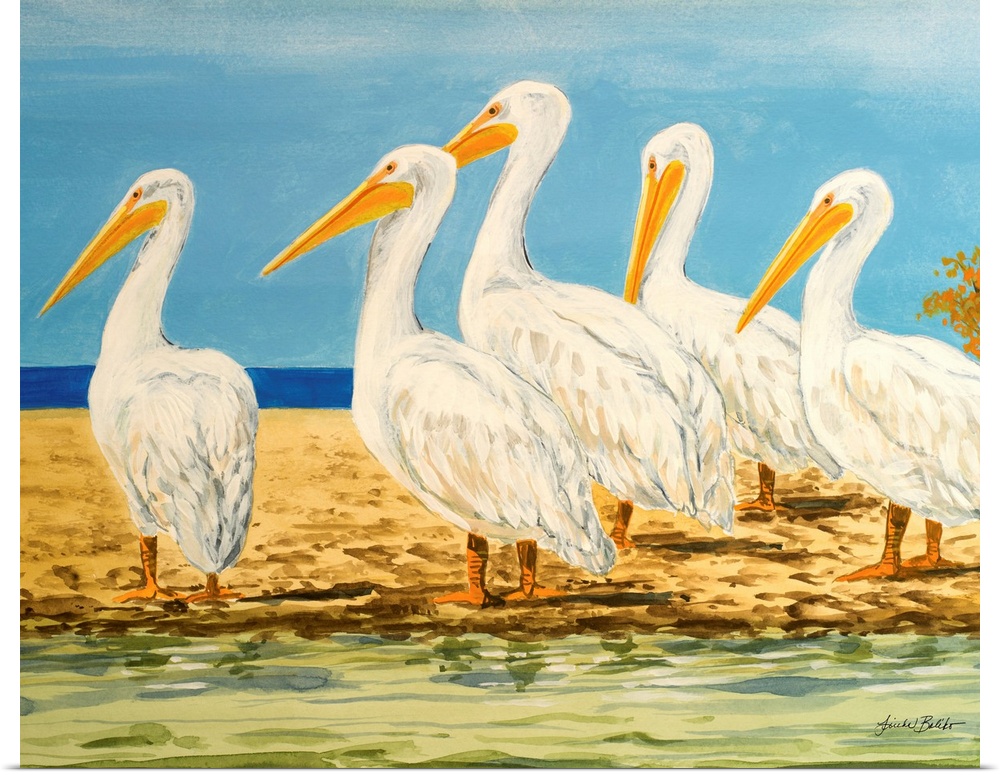 Contemporary painting of a group of pelicans standing on a beach.