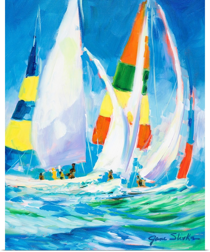 Contemporary art painting of sailboats riding the water waves with their colorful sails catching the wind.