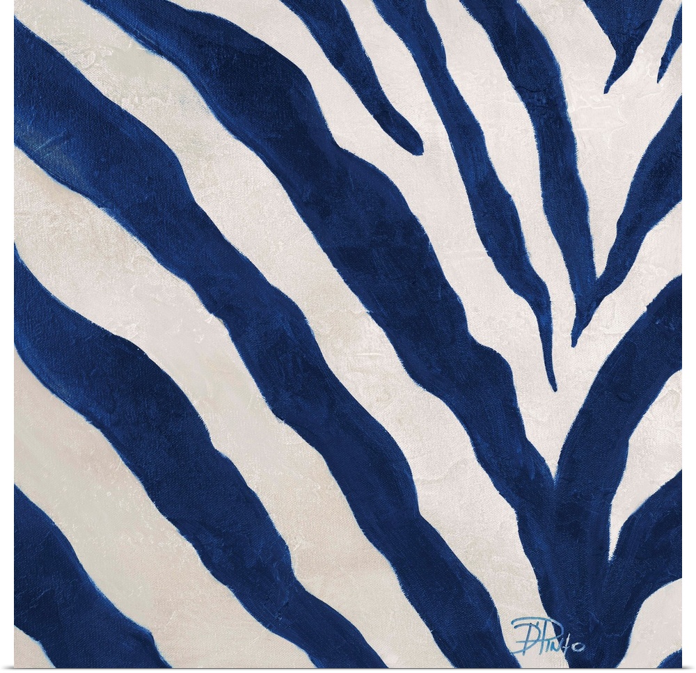 Contemporary abstract painting of blue zebra stripes against white.