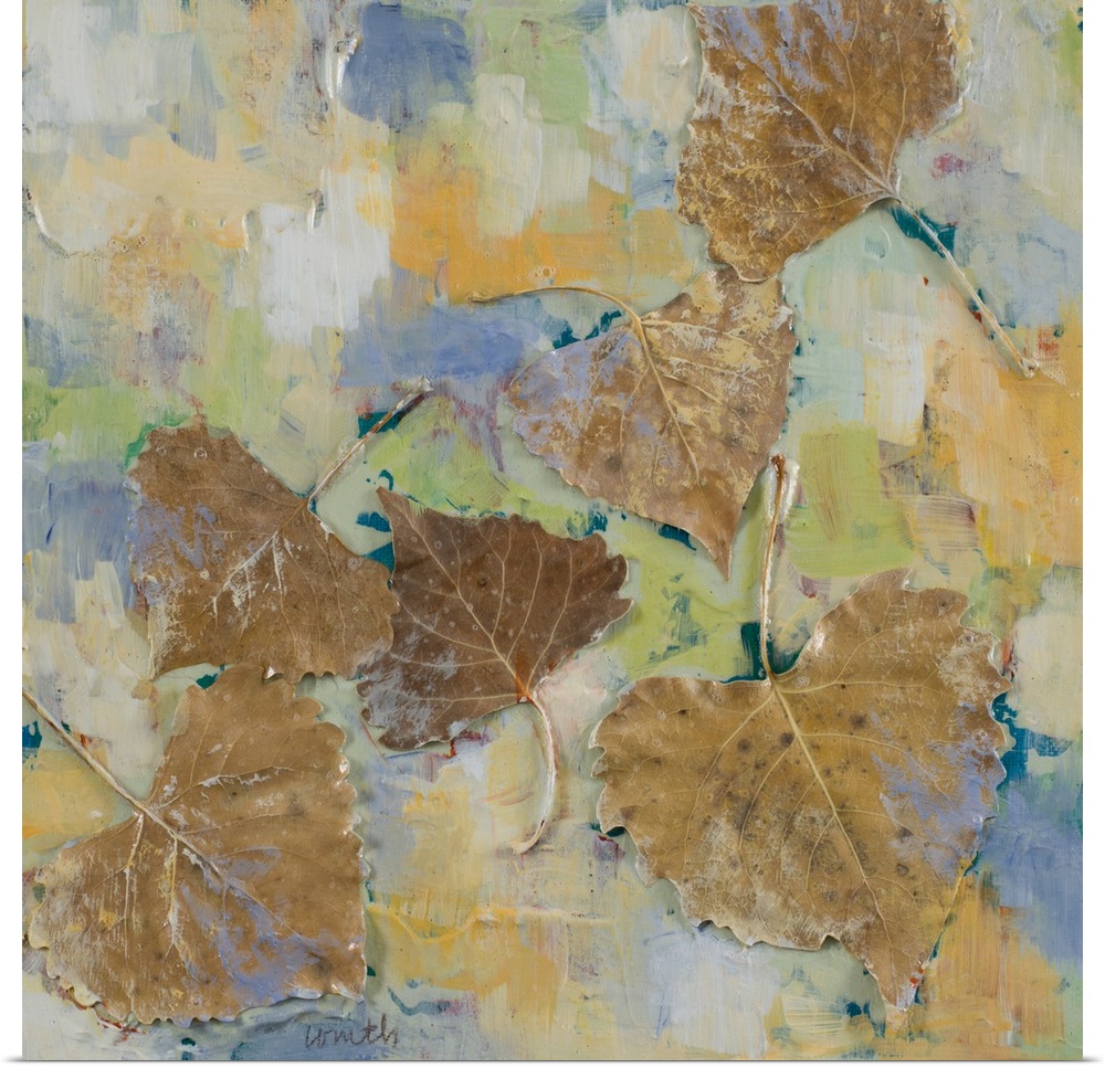 Contemporary painting with several brown leaves surrounded by abstract color.