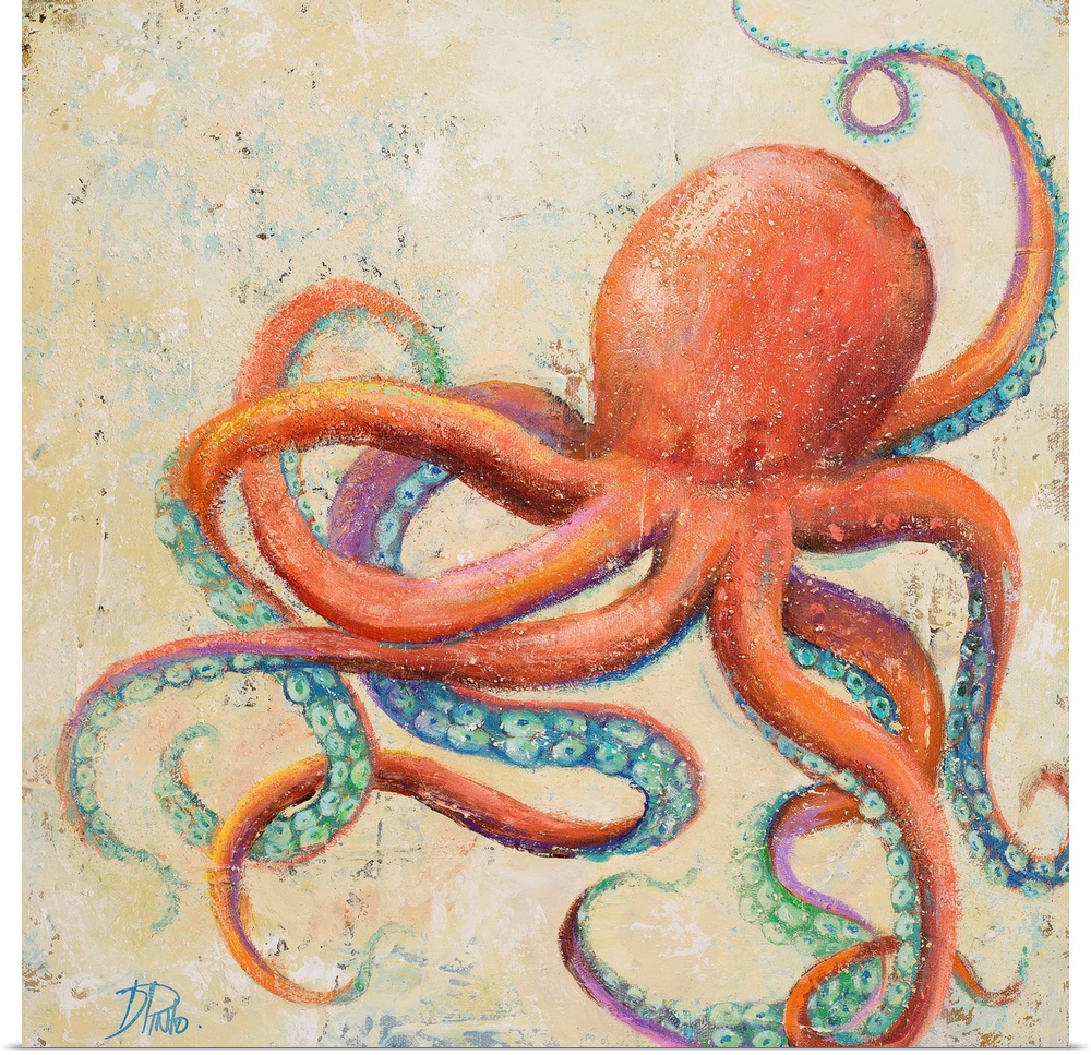 Contemporary painting of a whimsical looking octopus against a cream background.
