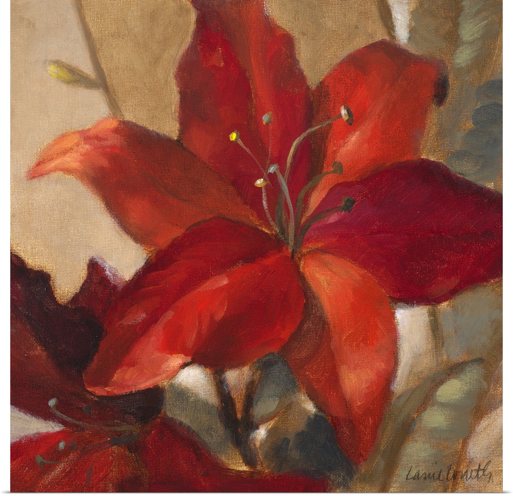 Giant square floral painting of two deep red lilies on a background of golden earth tones.