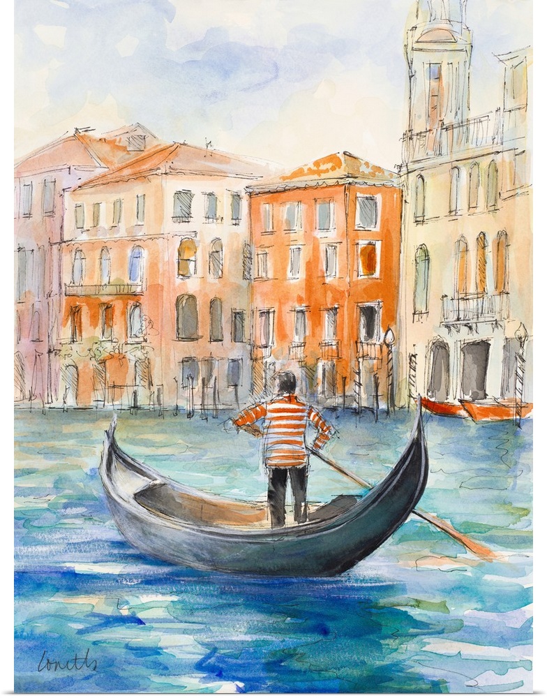 Contemporary watercolor painting of a gondola on a canal surrounded by warm colored buildings.