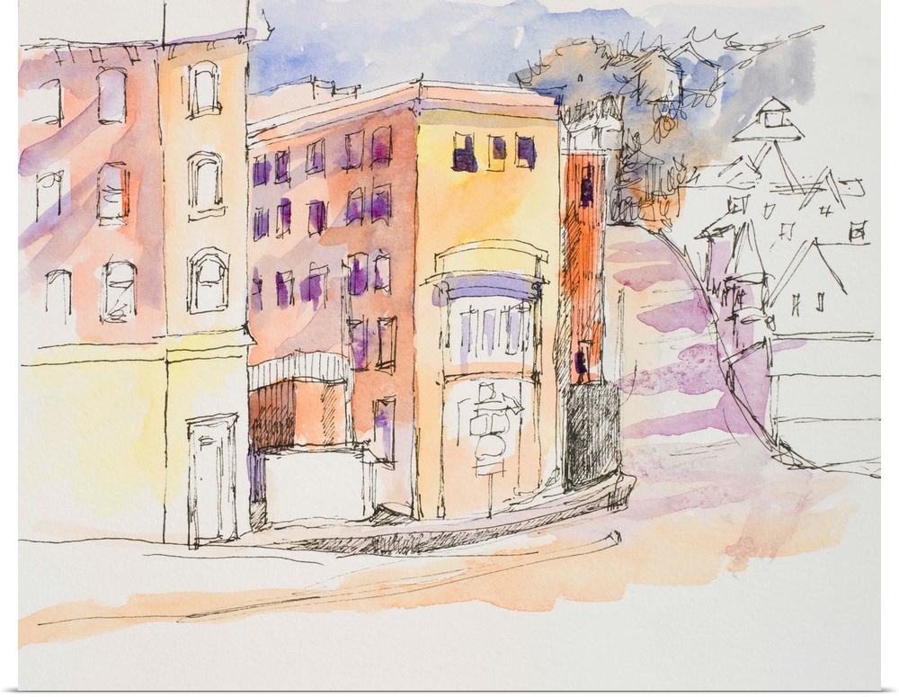 Watercolor and ink painting of a street corner.