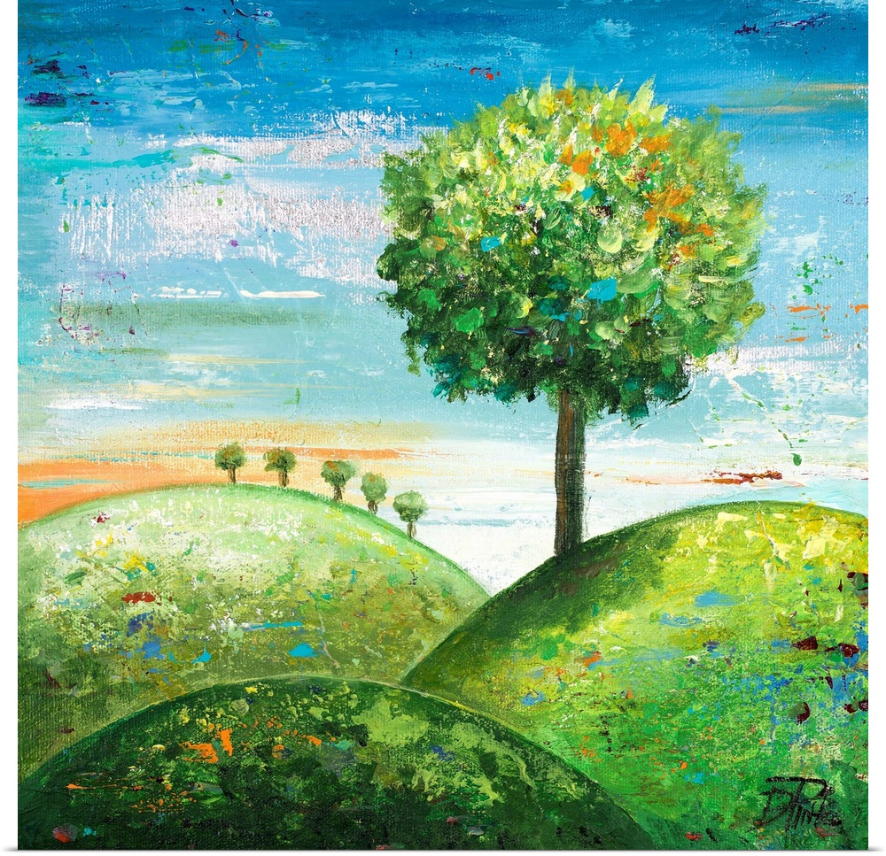 Contemporary painting of a round tree on a green hillside.