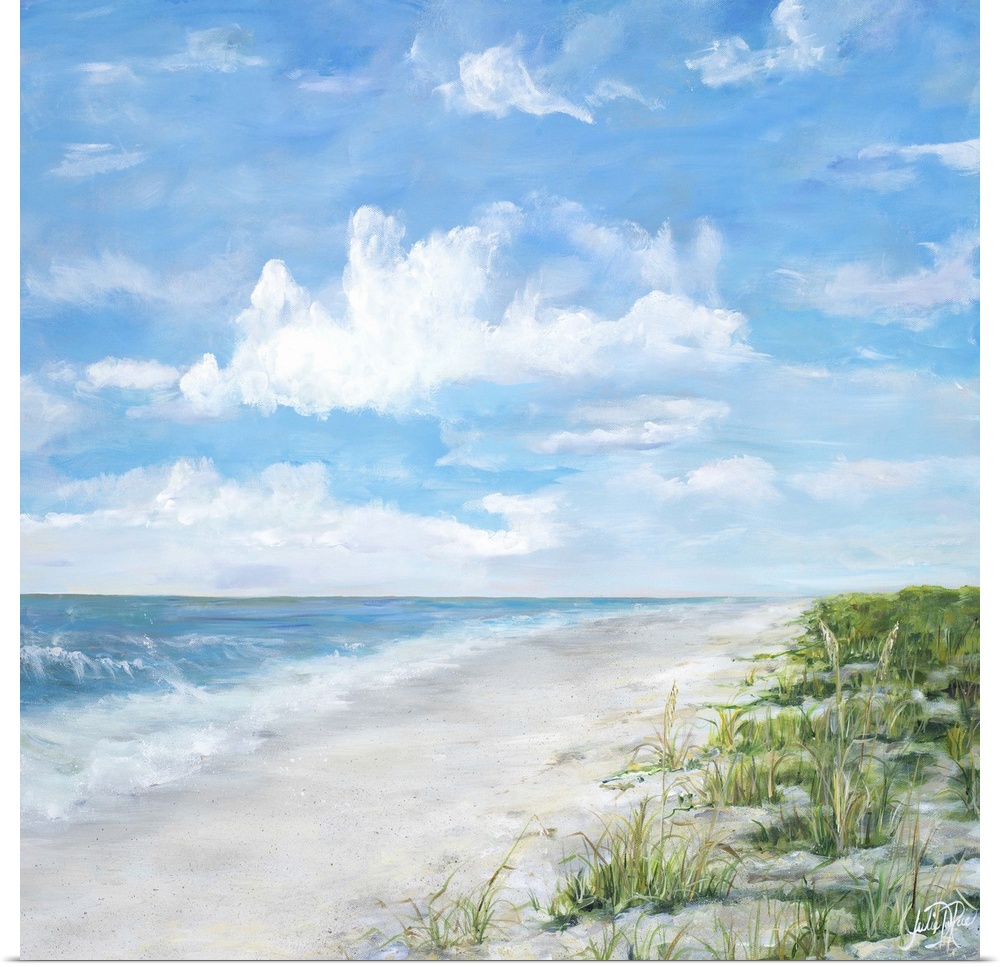Contemporary square painting of a sandy beach with waves crashing onto the shore.