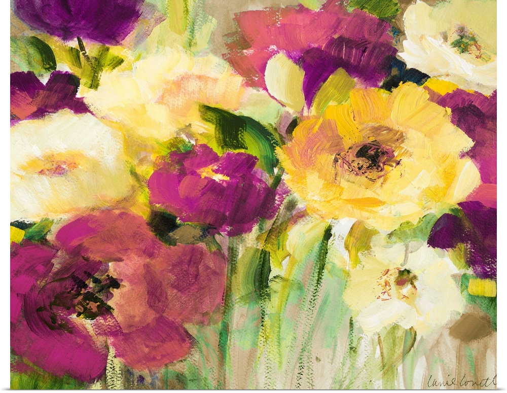 Big floral art shows an arrangement of vibrantly colored flowers.  Artist uses a lot of short brushes strokes on this piece.