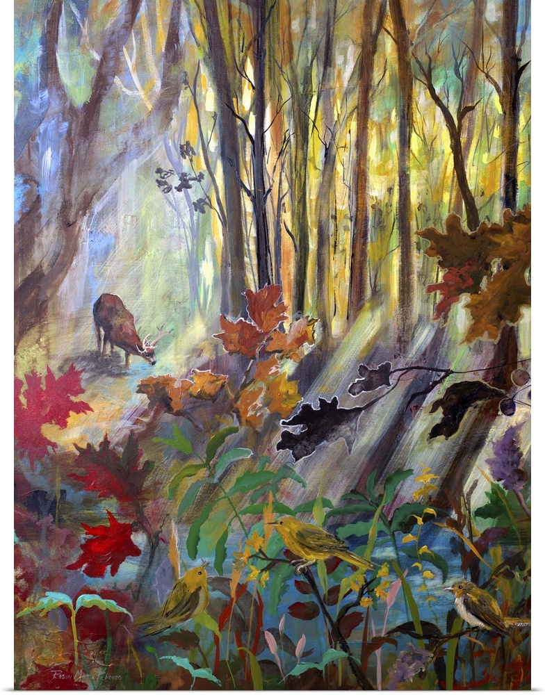 Contemporary painting of a deer in a shaded forest, drinking from a creek.