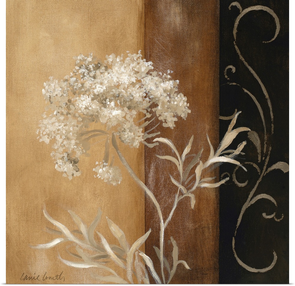 Neutral colored painting of flower clusters and their leaves on a background made of bands of color with a scroll design.
