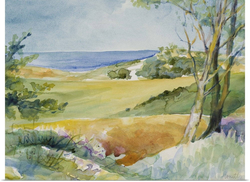 Watercolor landscape painting of trees and bushes overlooking the ocean.