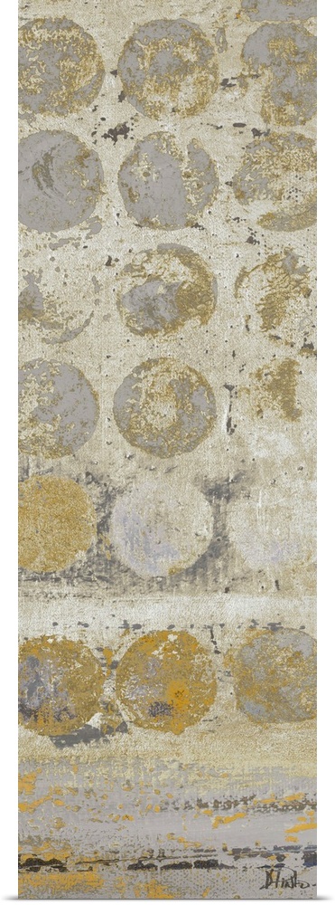Painting of a beige dots against a gray background.