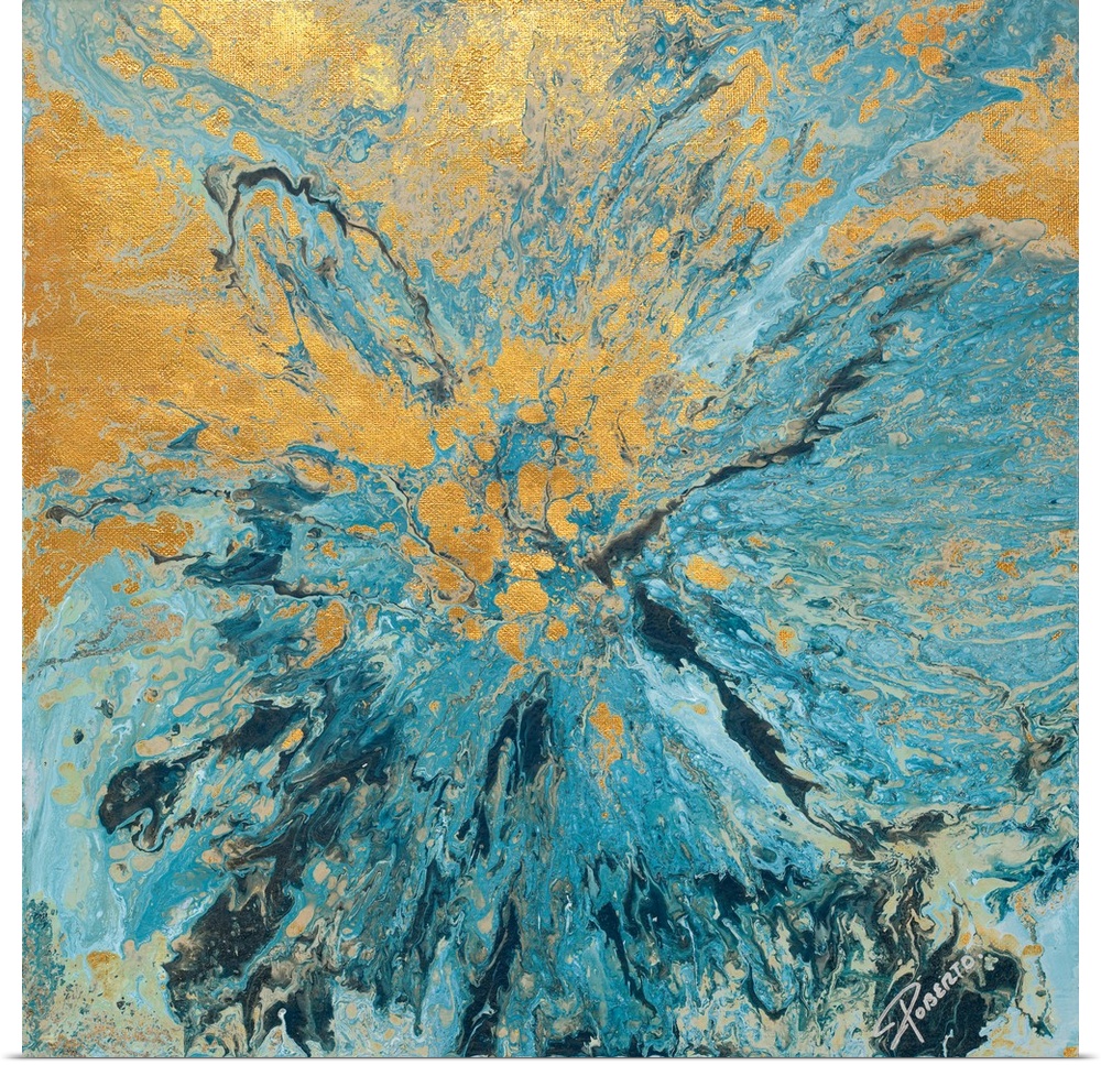 Square abstract painting with metallic gold and different tones of blue hues combined to represent Earth and Water.