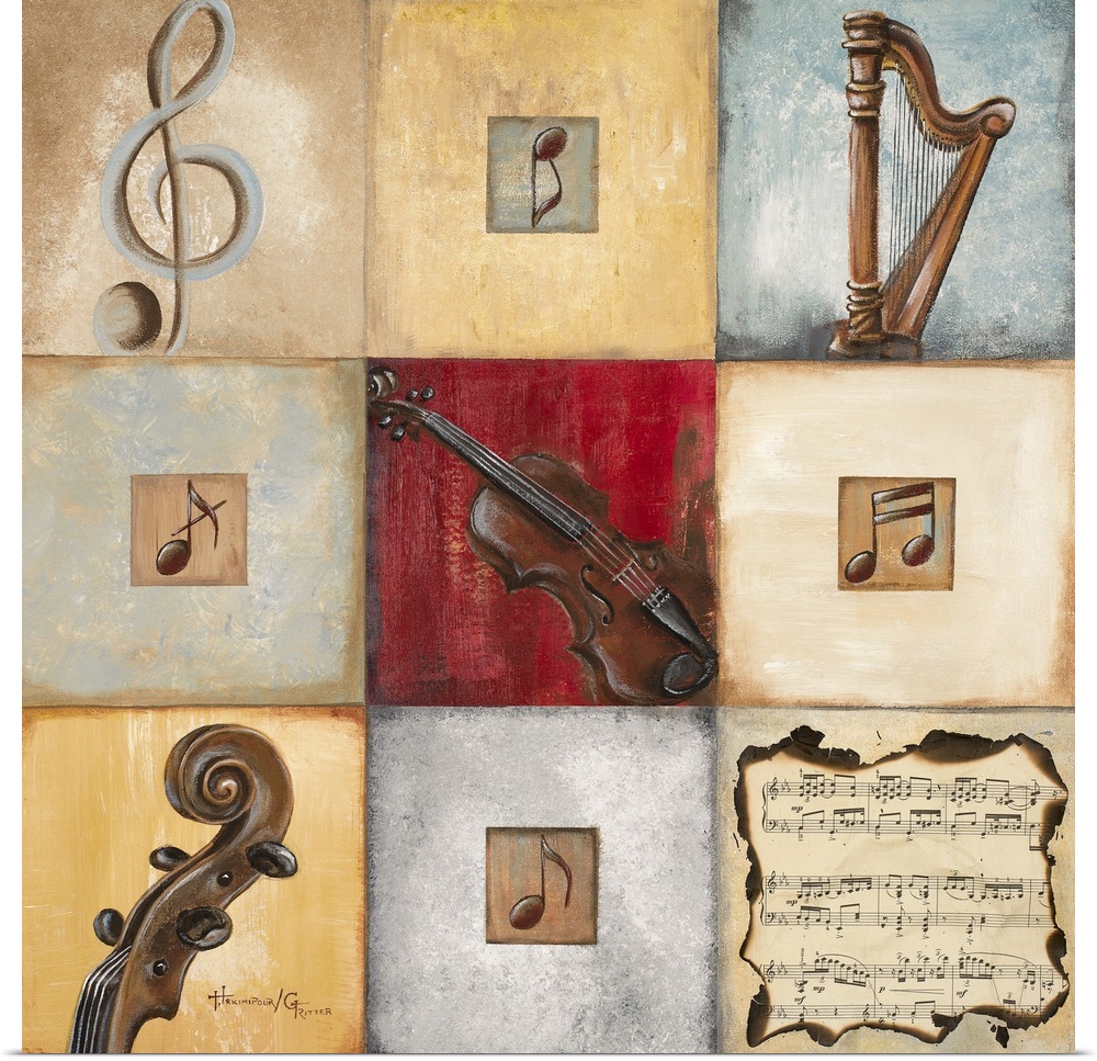 Artwork of nine squares arranged in a 3x3 grid pattern, each with the image of a musical instrument, music note, or sheet ...