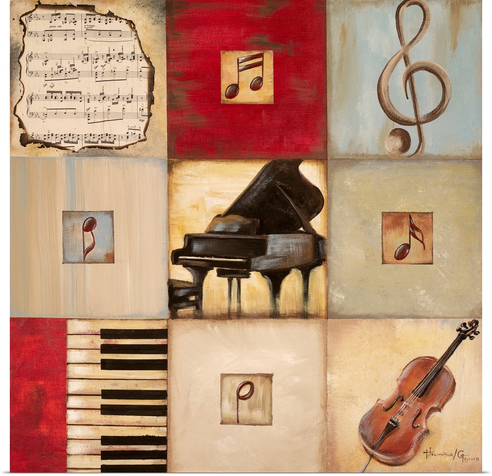 Giant canvas art is set to a musical theme that has been divided into nine separate squares.  Located within the squares a...