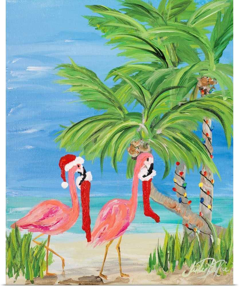 Fun tropical Christmas themed painting of two pink flamingos carrying stockings in their beaks to a palm tree decorated wi...