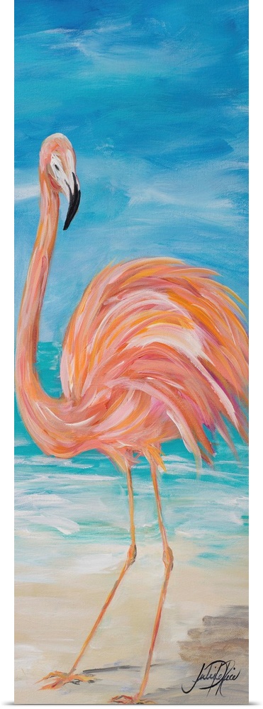 Contemporary painting of a pink flamingo standing on a beach with the ocean in the background.