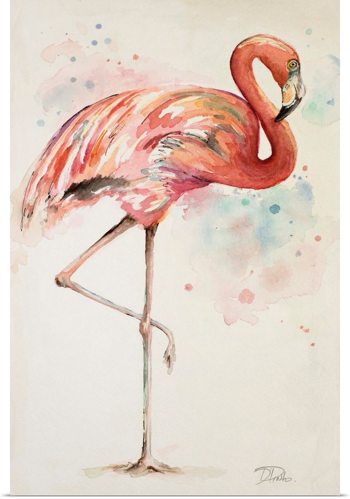 Painting of a pink flamingo with long legs on a beige background.