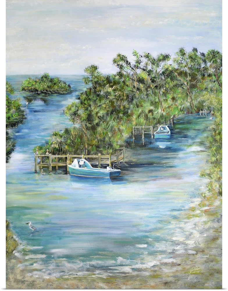 Contemporary seascape artwork of boats docked at a tropical island.