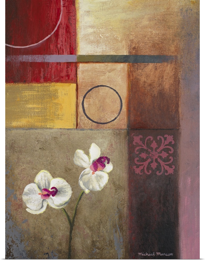 This vertical, decorative accent is a contemporary painting created with geometric areas of color and two orchid blossoms.