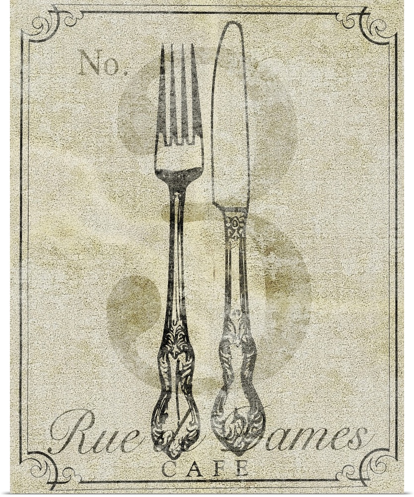 Vintage illustration of a fork and knife with a printed number 3 on a neutral, textured background.