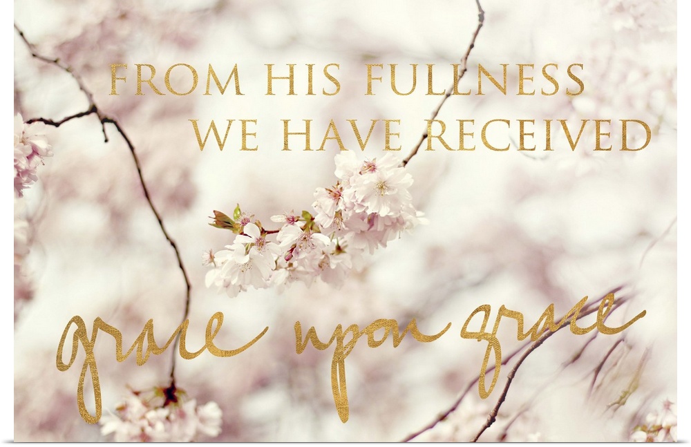 Shallow depth of field photograph of cherry blossom branches and the phrase "From His fullness we have received grace upon...