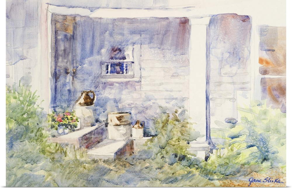 Watercolor painting of the front porch of a white house covered in plants.