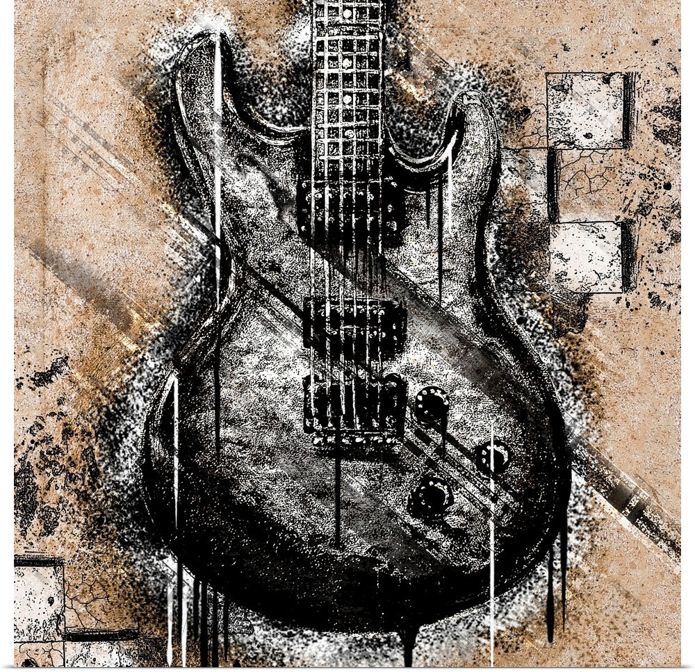 Square panel of an electric guitar with a stenciled effect, with heavy  texture and dripping paint.