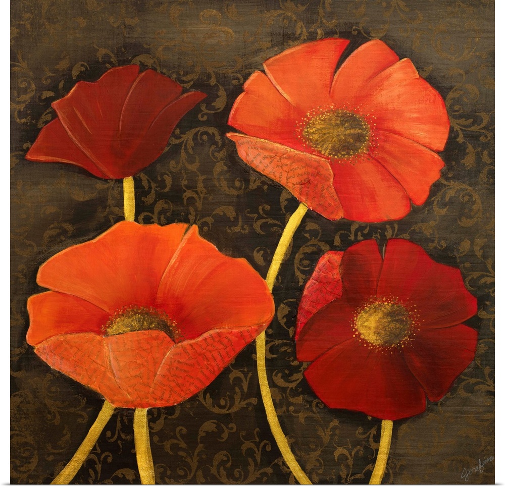 Painting of four orange and red poppies with golden stems.