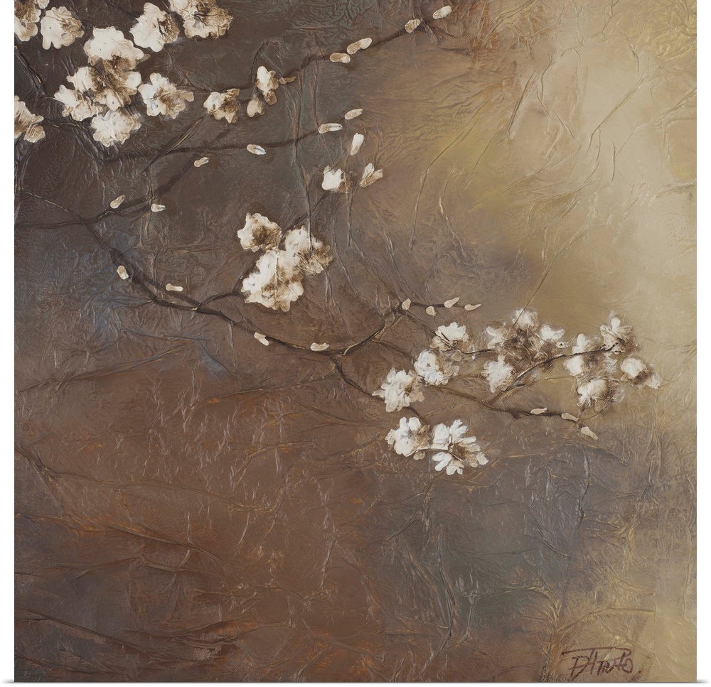 Thin branches with white flower buds and ones in bloom are painted against a dark textured background.