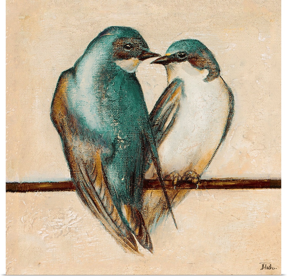 Contemporary painting of a pair of swallows perched together on a line.