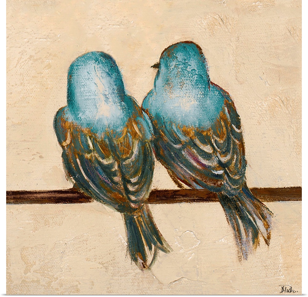 Contemporary painting of a pair of birds perched together on a line.