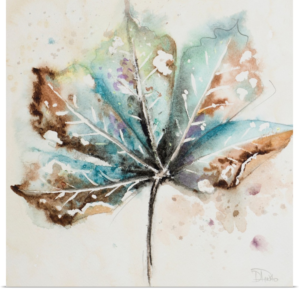 Square painting of a fallen autumn leaf, in blue shades on a neutral background.
