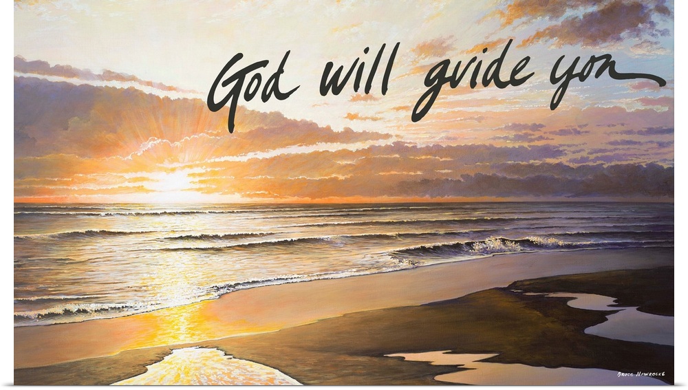 Painting of a beach with the sun setting on the waves, with a religious sentiment.