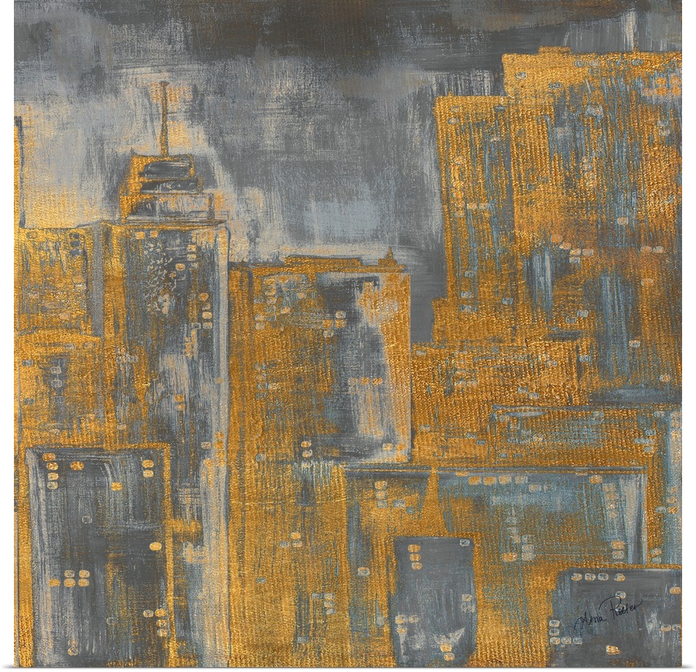 Skyscrapers in a city painted in gold over dark grey.