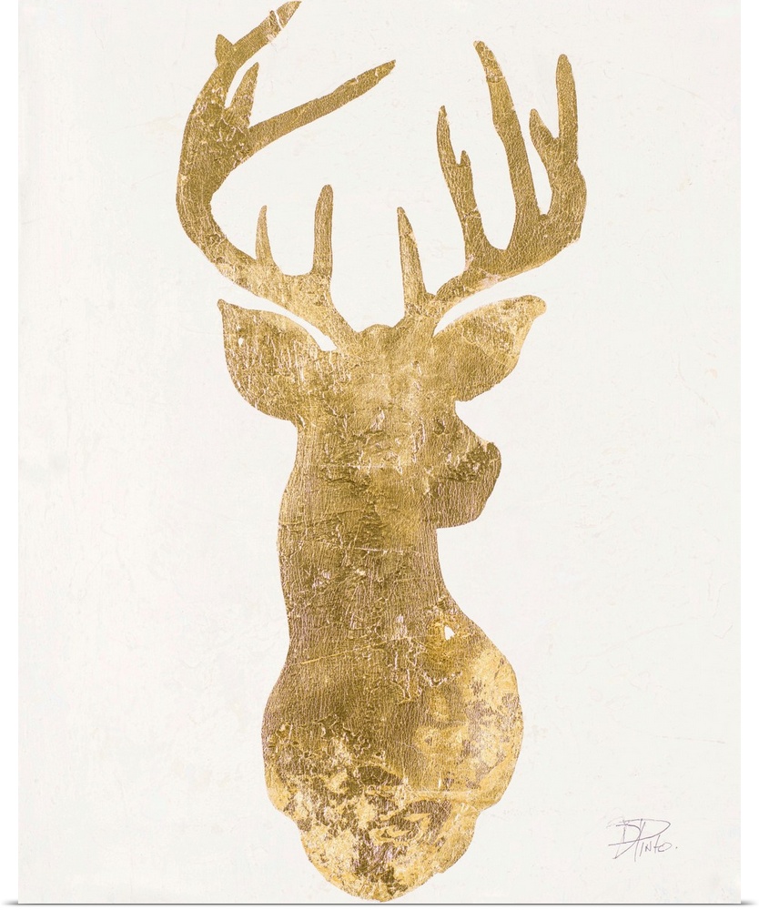 Silhouette of a deer in metallic gold on a white background.