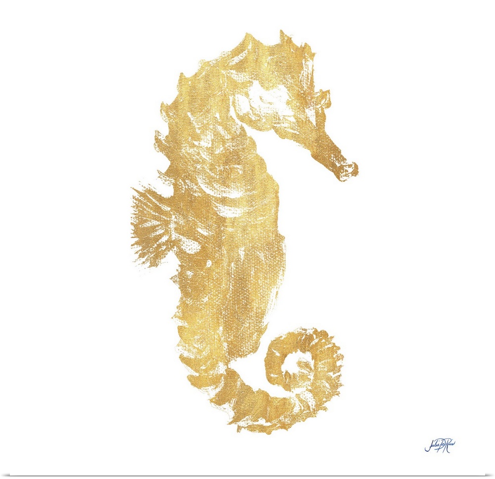 Painting of a golden seahorse on white.
