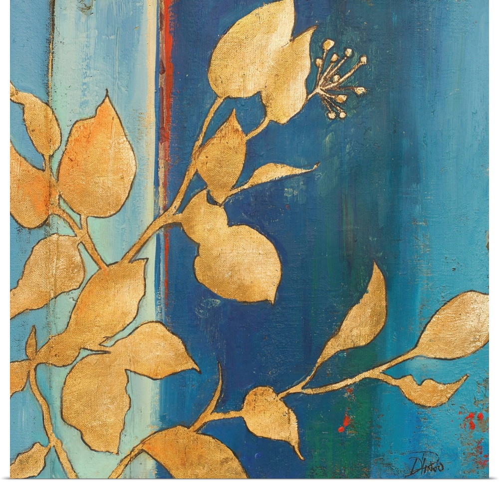 Contemporary painting with an abstract blue background with gold silhouetted leaves in the foreground.