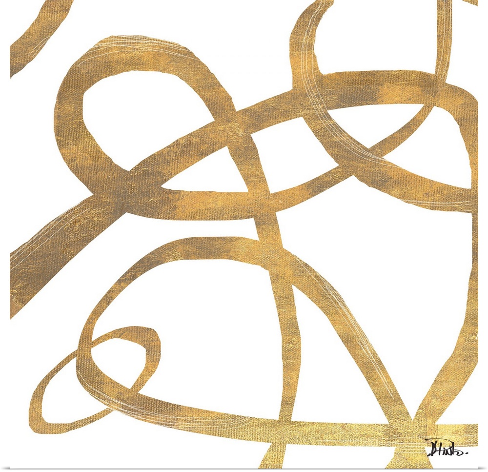 Contemporary abstract artwork of gold swirling lines in circling movements against a white background.