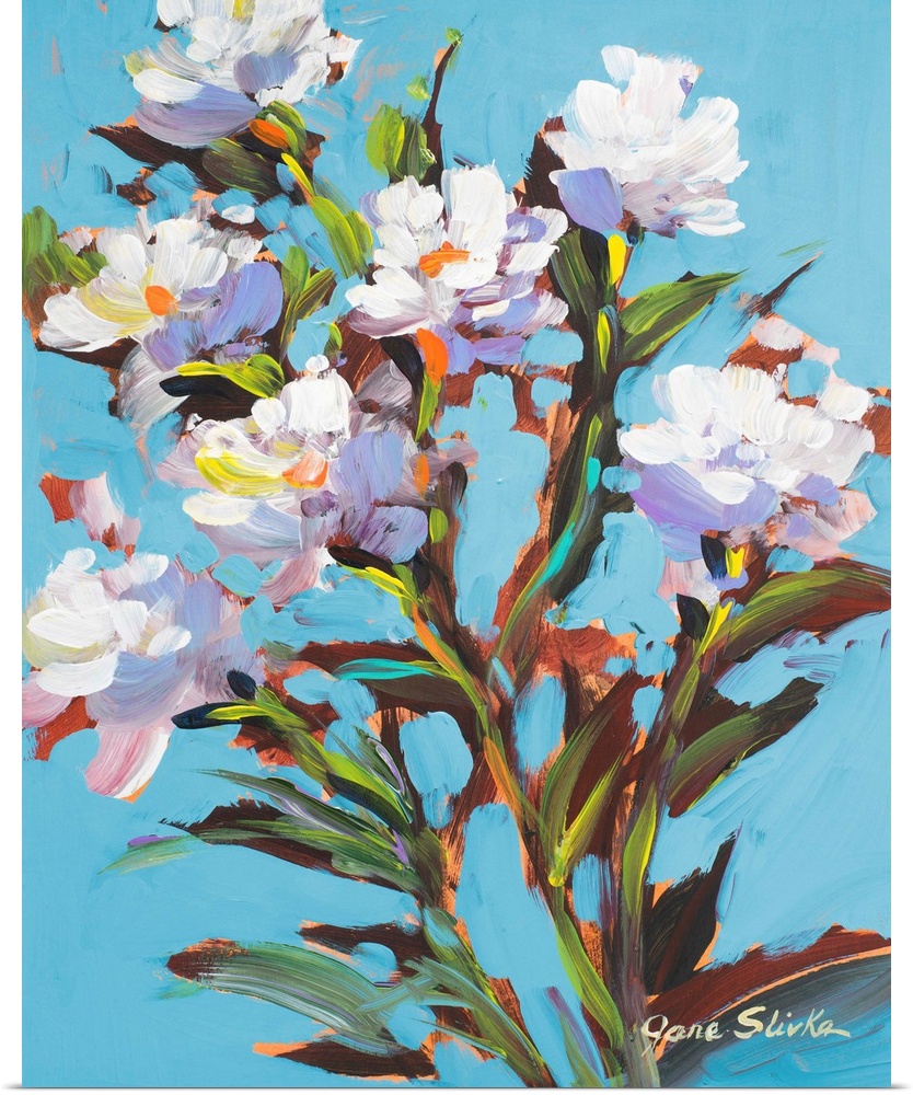 Contemporary painting of several white flowers in bloom.