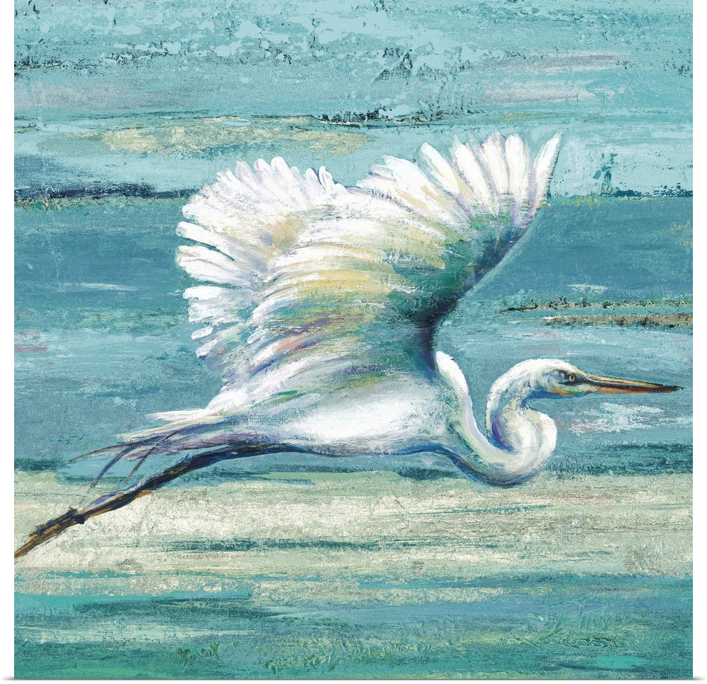 Contemporary painting of a white egret in flight against a blue abstract background.