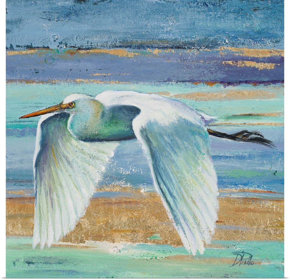 Contemporary painting of a white egret in flight against a blue and green abstract background.