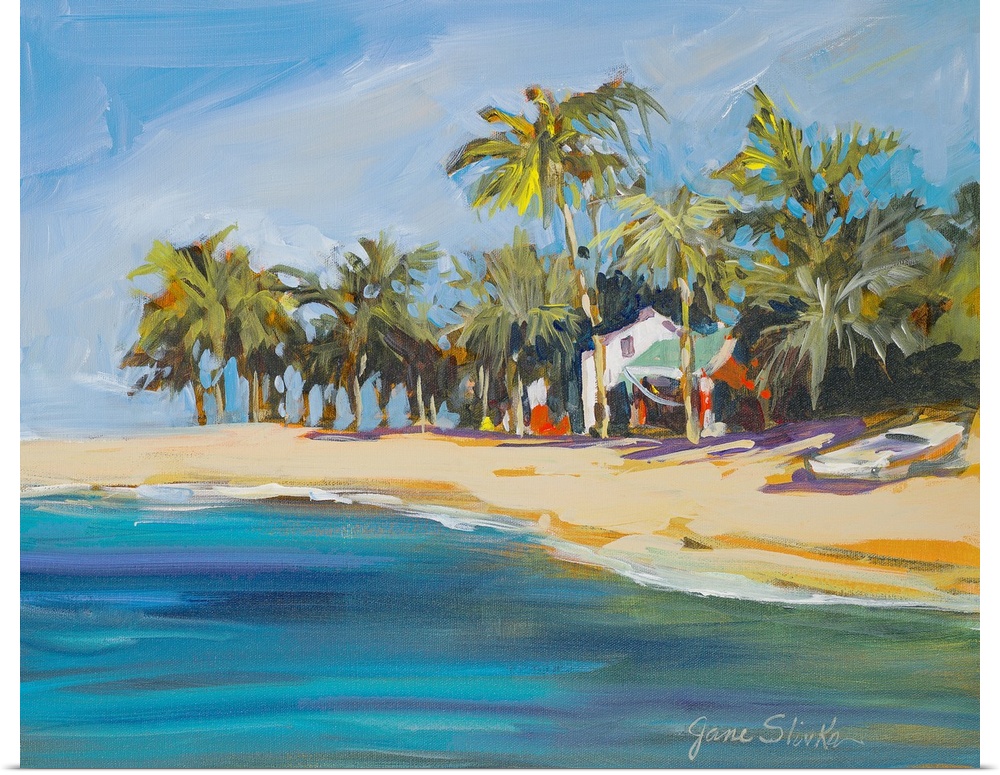 Contemporary painting of a sandy Cuban coastline with several palm trees, a beach house, and a boat.