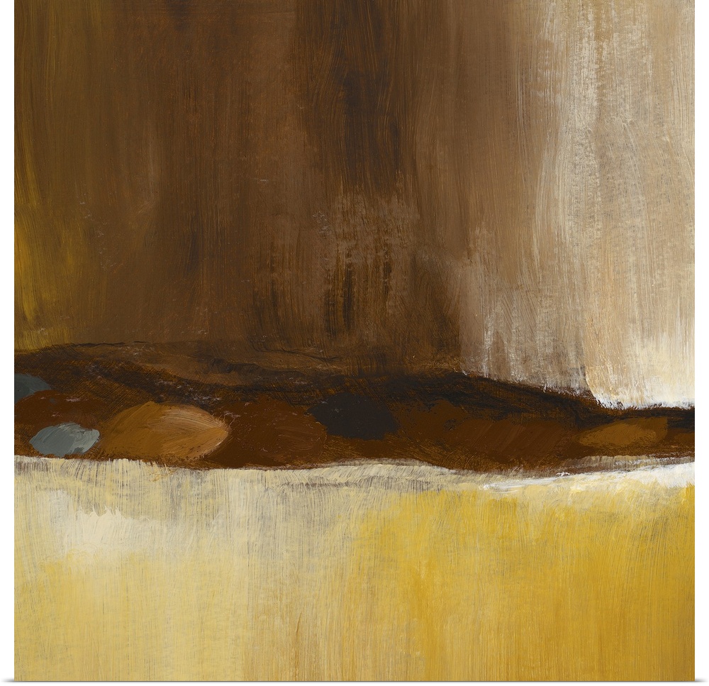 Giant, square, abstract painting of a mountain landscape on the horizon, beneath a dark, stormy sky, a vast, golden field ...