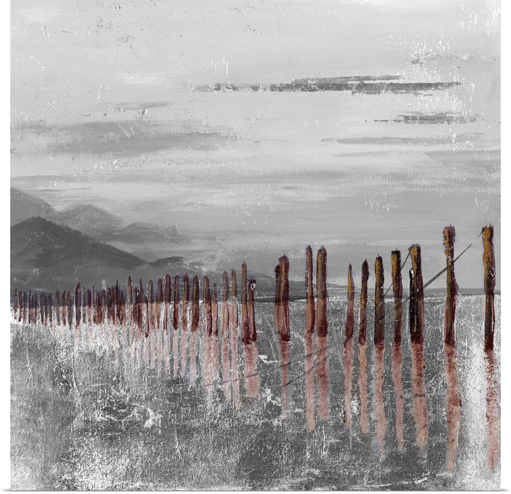 Square abstract painting of brown pier remains  in gray and white textured water with mountains in the background.
