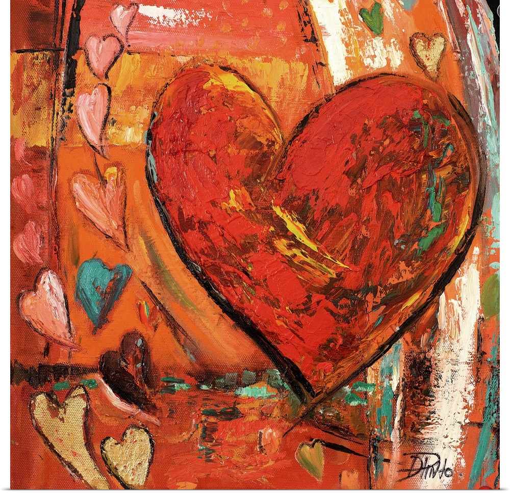 Painting of a large red heart with several smaller hearts around it.