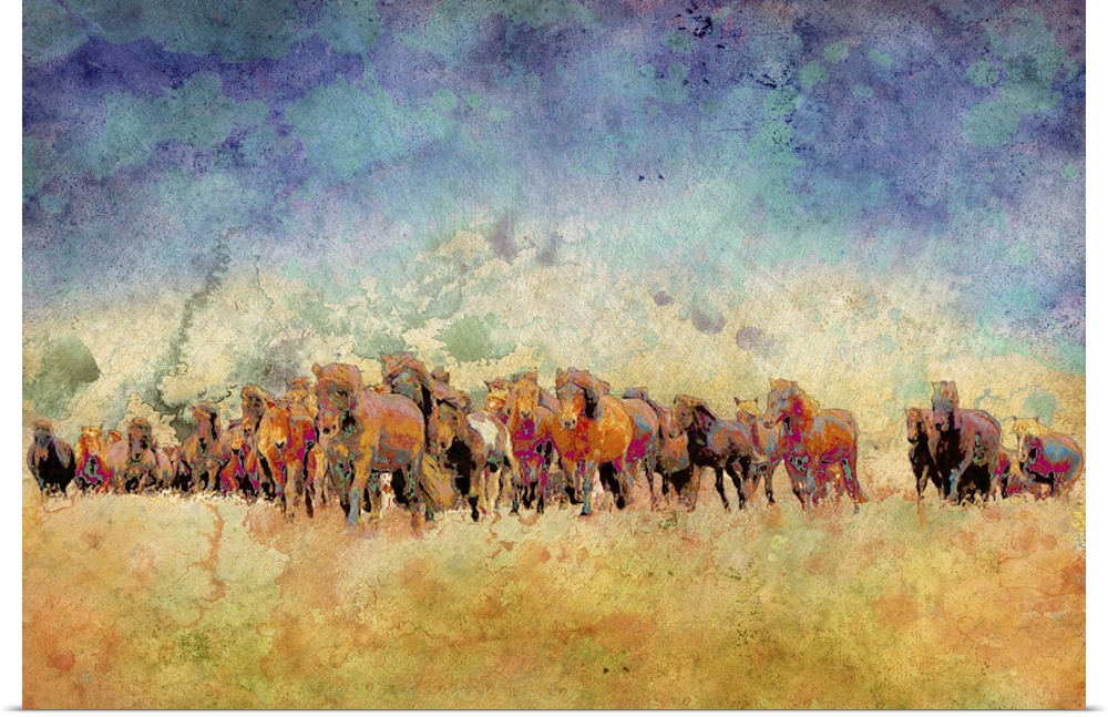 Abstract painting of a herd of colorful horses on a watercolor yellow-orange and blue-purple background.